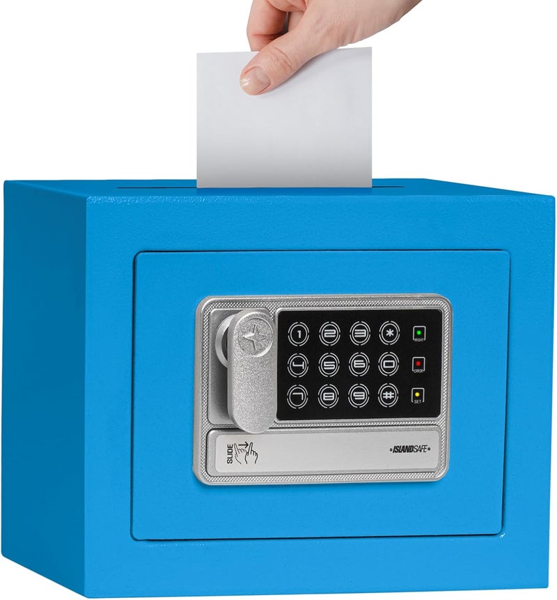 ISLANDSAFE Electronic Deposit Drop Small Safe Box for Kid Money Coin Home Office Hotel Rooms Business Jewelry (Blue) - Image 1